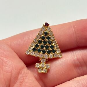 Vintage Christmas Tree Brooch Pin with Crystals Clear Green Red Gold Tone